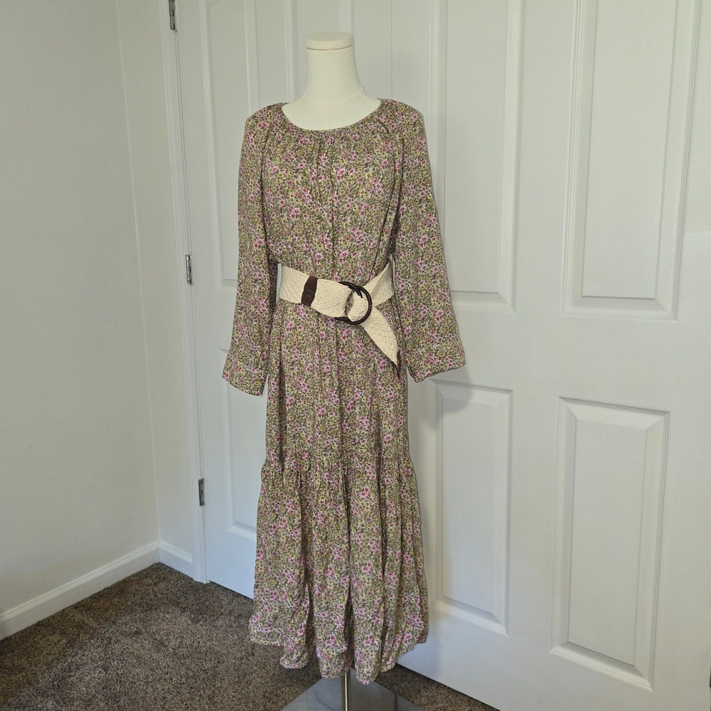 H&M Floral Tiered Maxi Dress Womens‎ L Pink Yellow Ditsy Print Long Sleeve Boho
